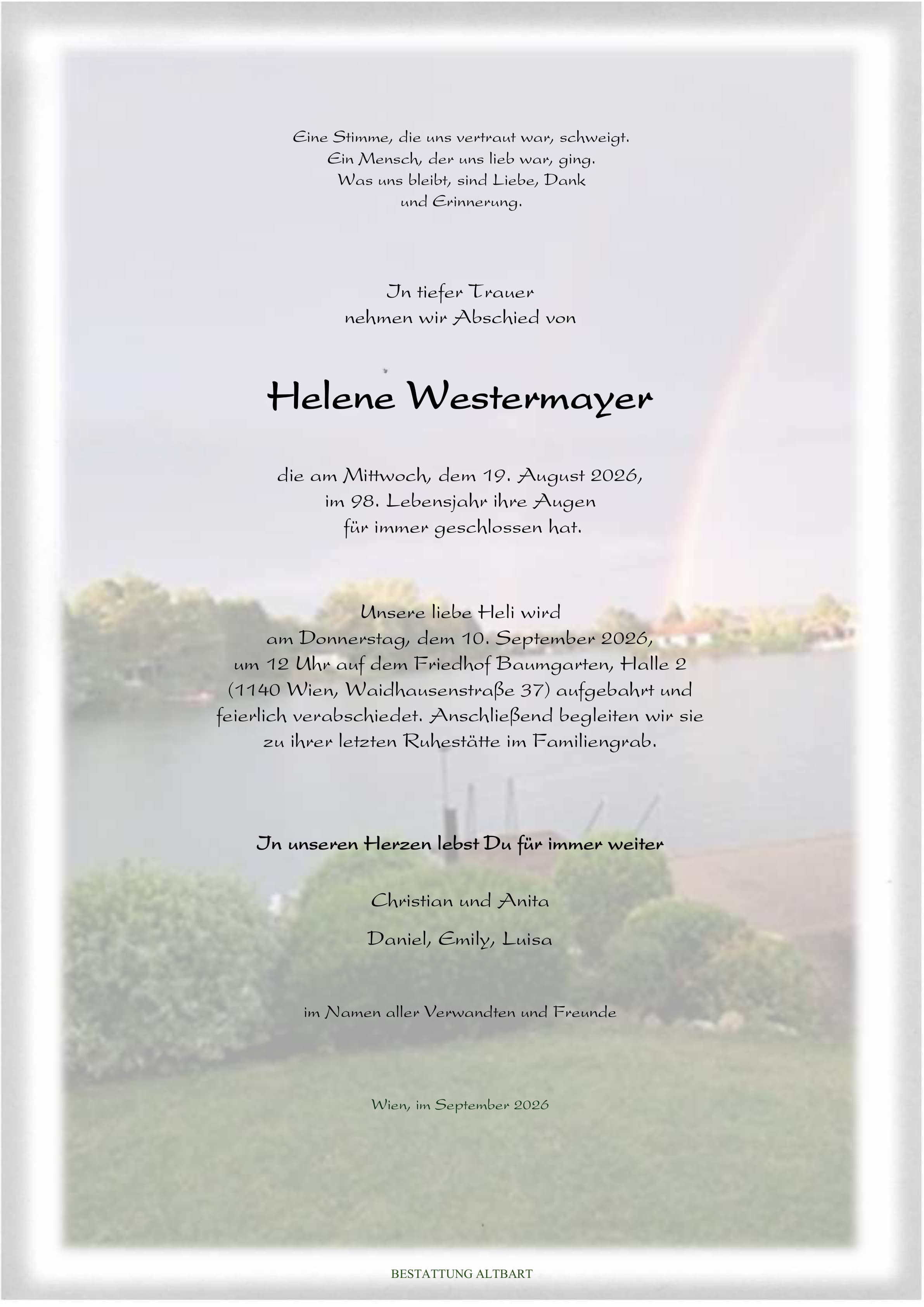 Parte der verstorbenen Person Helene Westermayer 