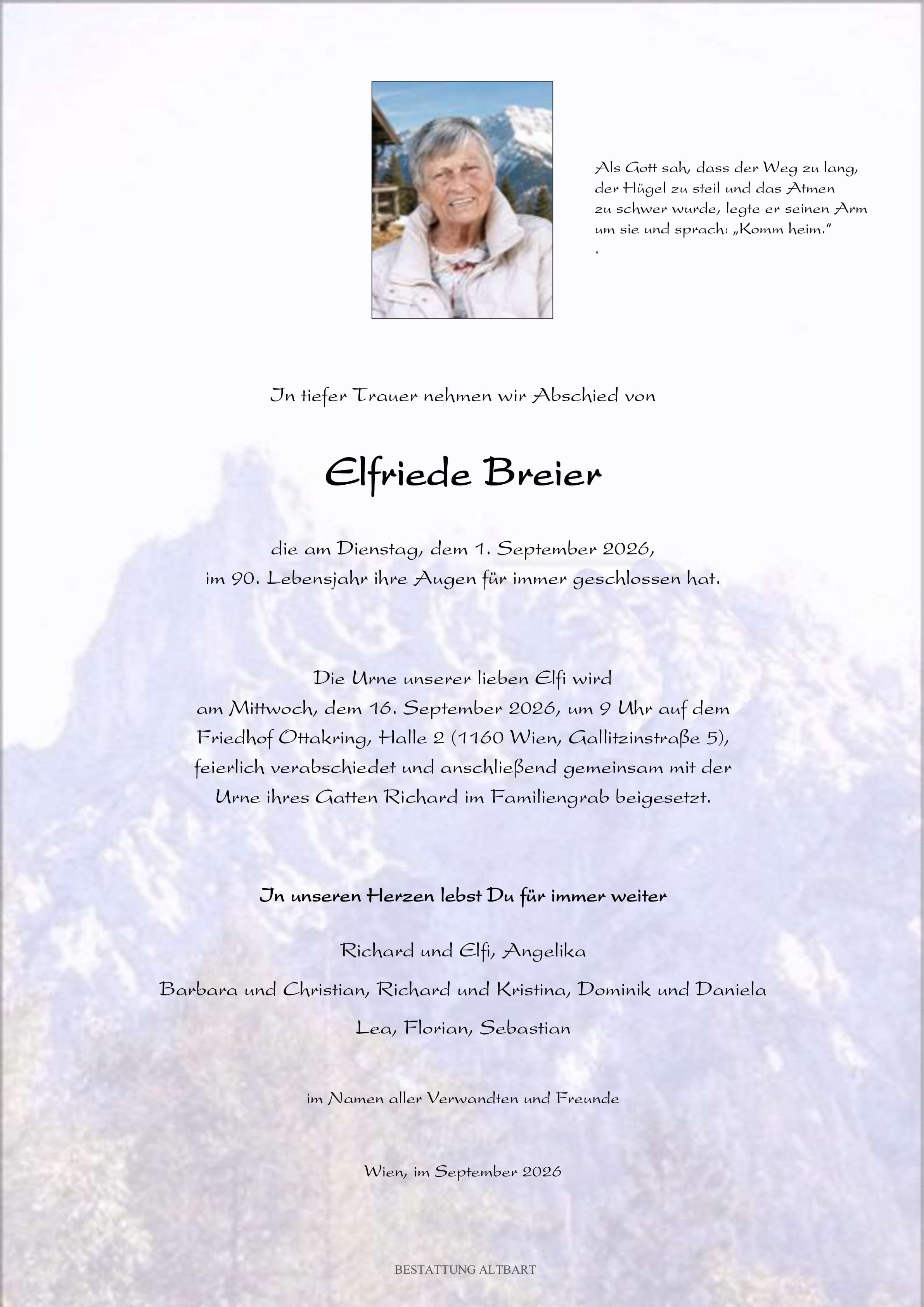 Parte der verstorbenen Person Elfriede Breier