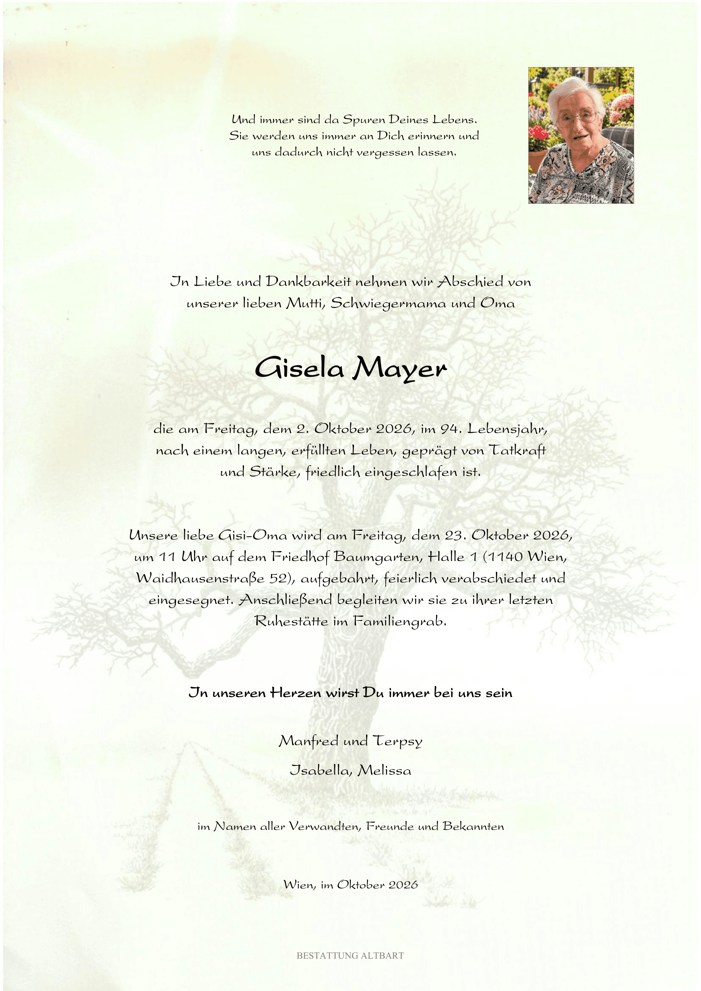 Parte der verstorbenen Person Gisela Mayer 