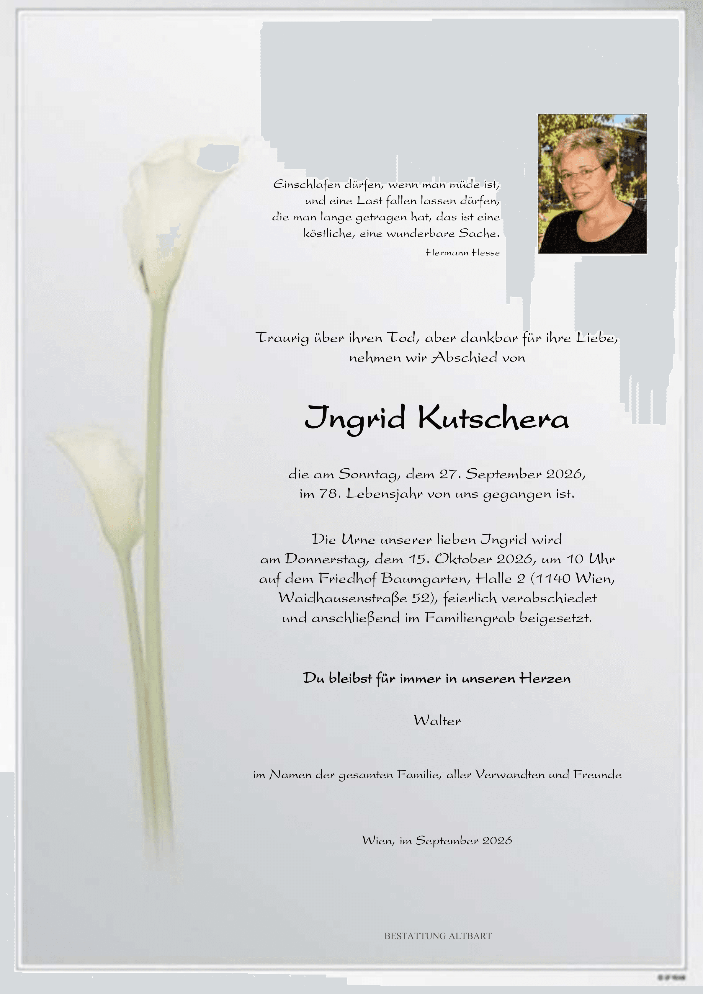 Parte der verstorbenen Person Ingrid Kutschera 