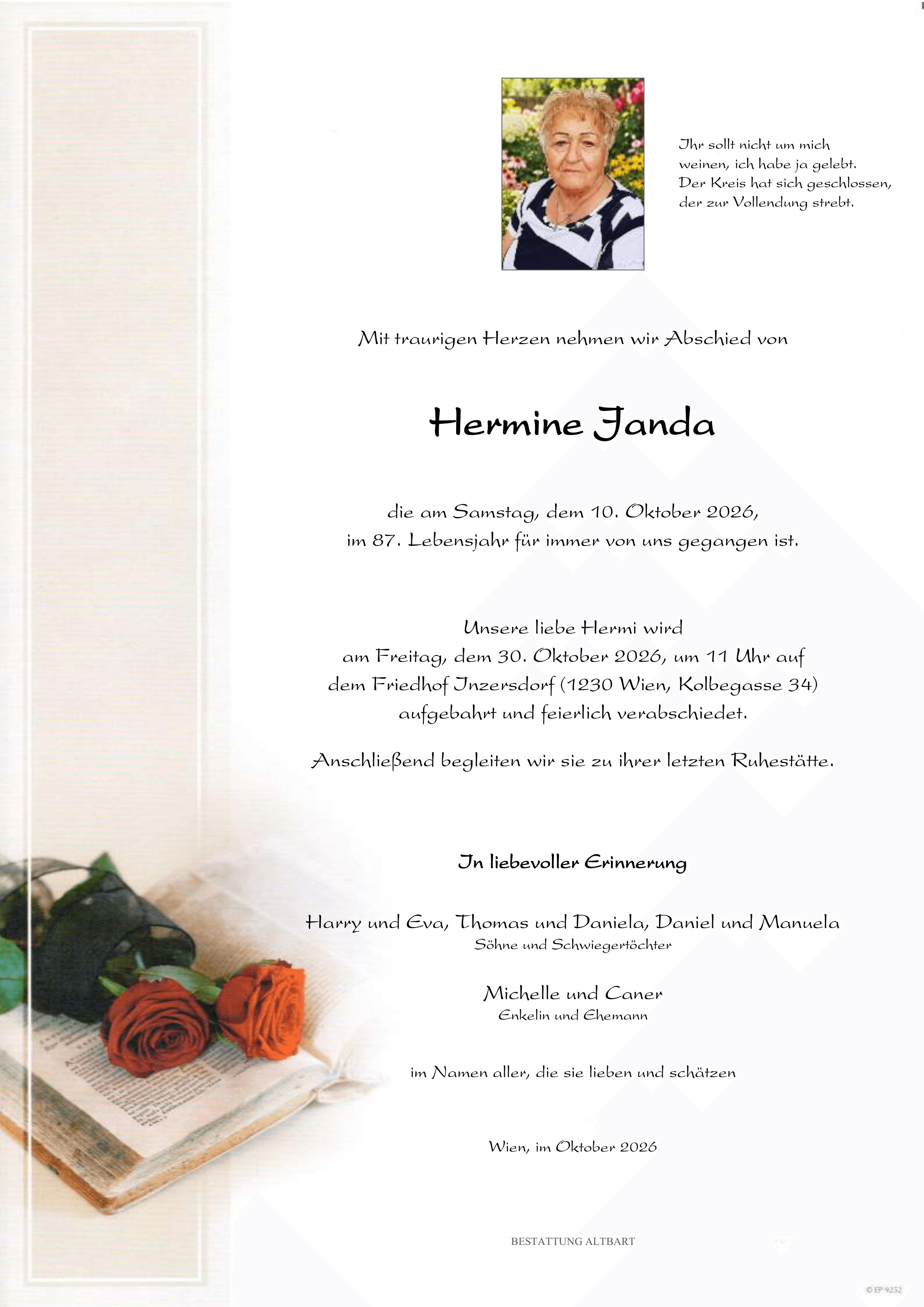 Parte der verstorbenen Person Hermine Janda 