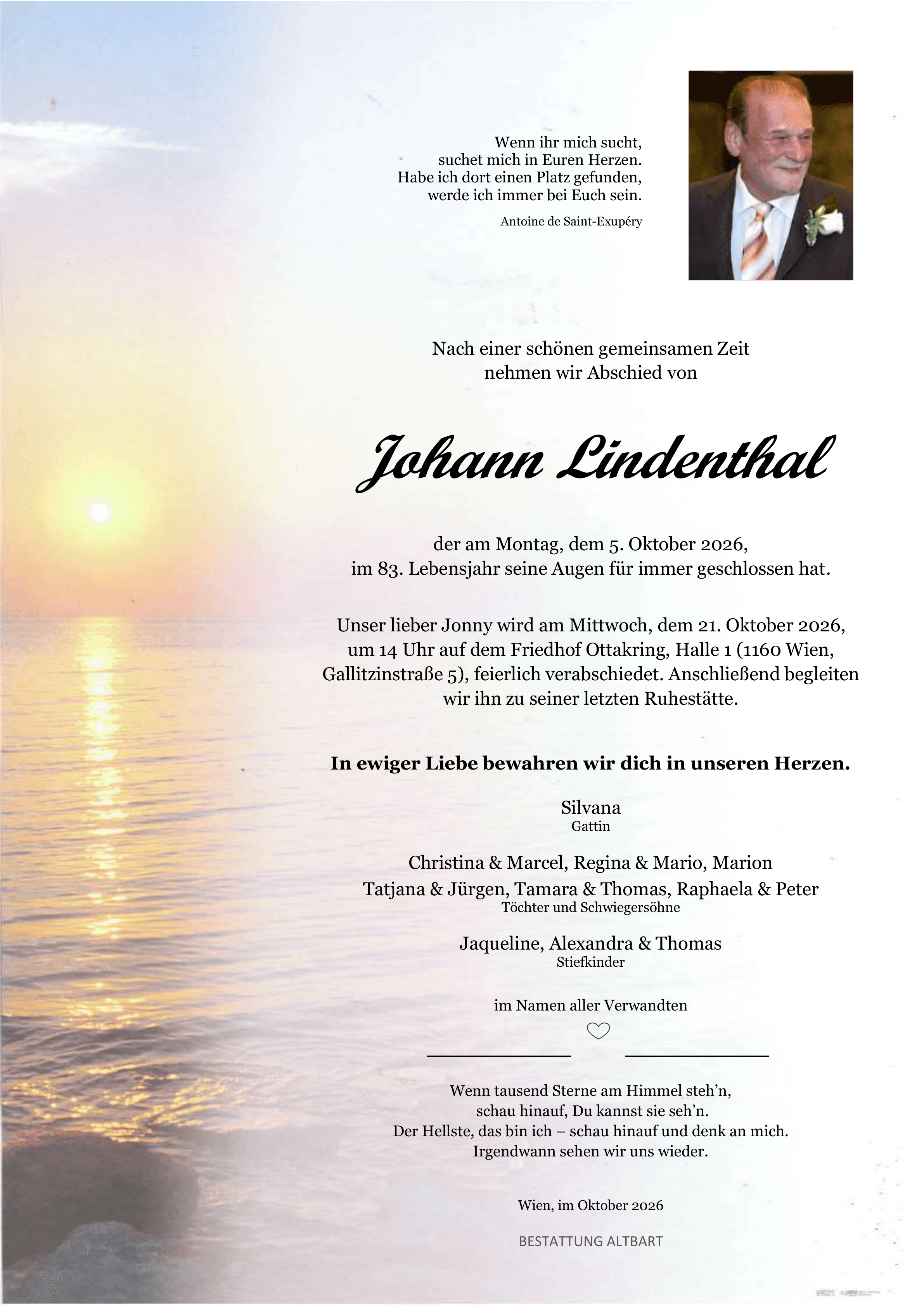 Parte der verstorbenen Person Johann Lindenthal 