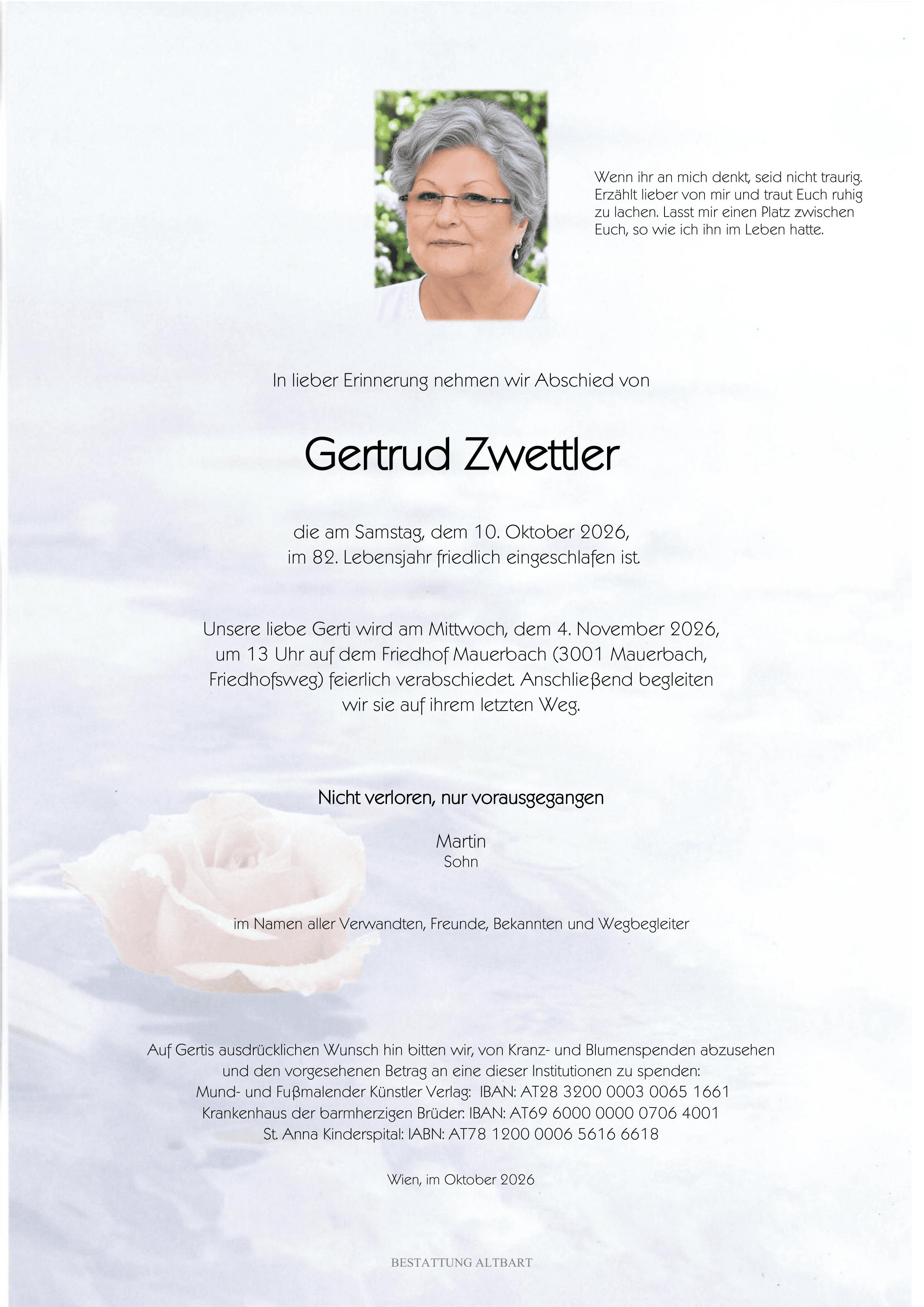 Parte der verstorbenen Person Gertrud Zwettler 