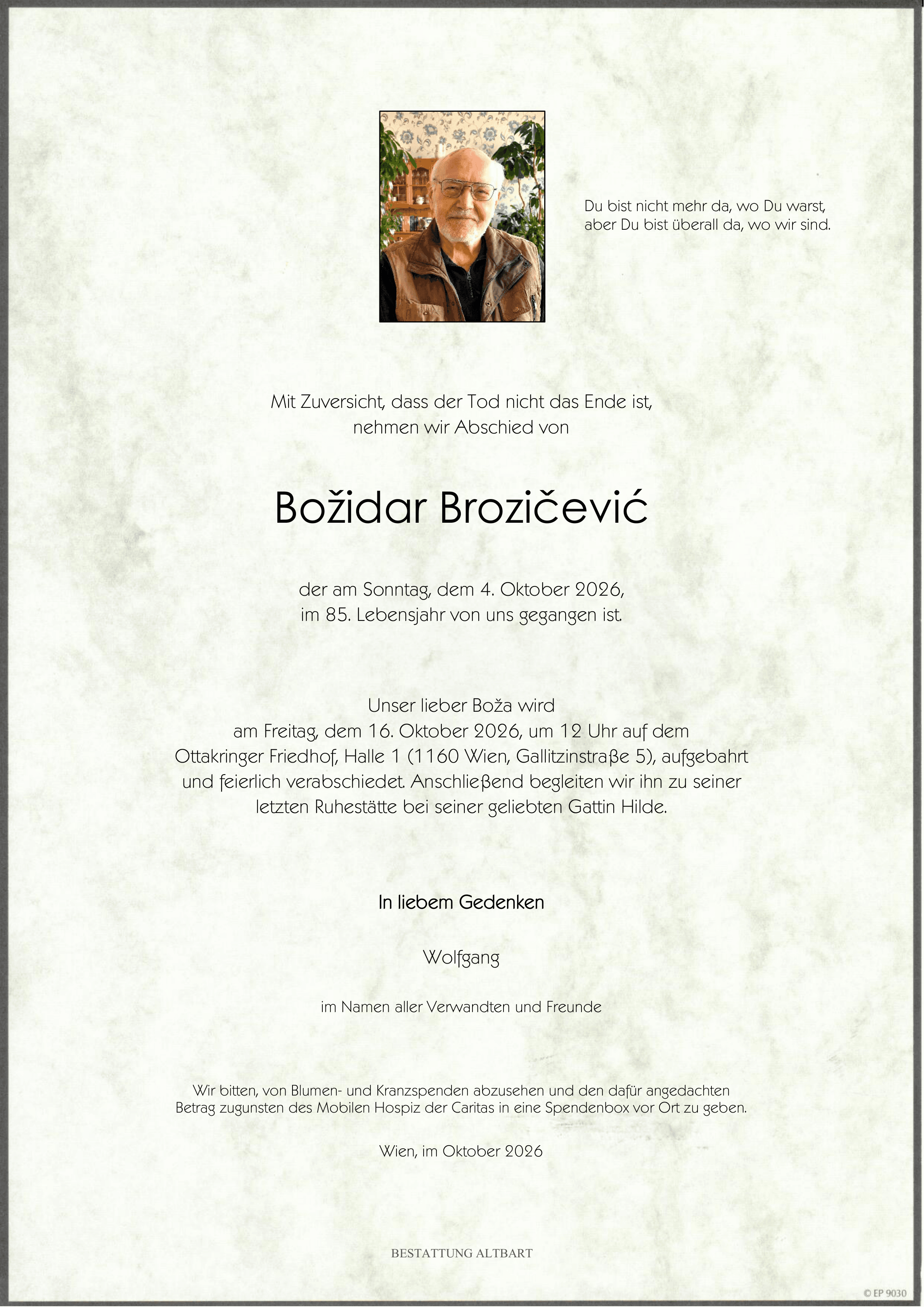Parte der verstorbenen Person Božidar Brozičević