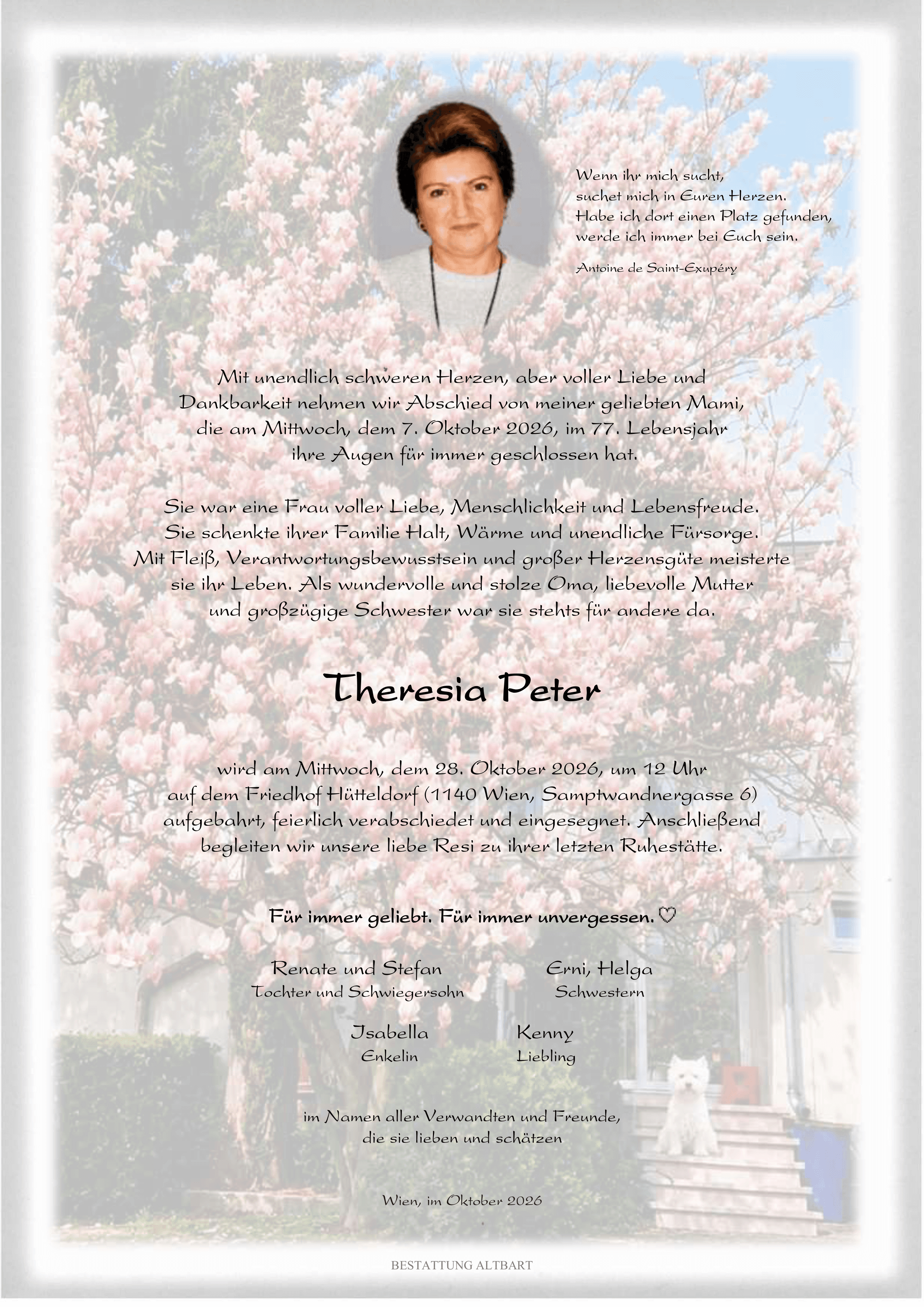 Parte der verstorbenen Person Theresia Peter 
