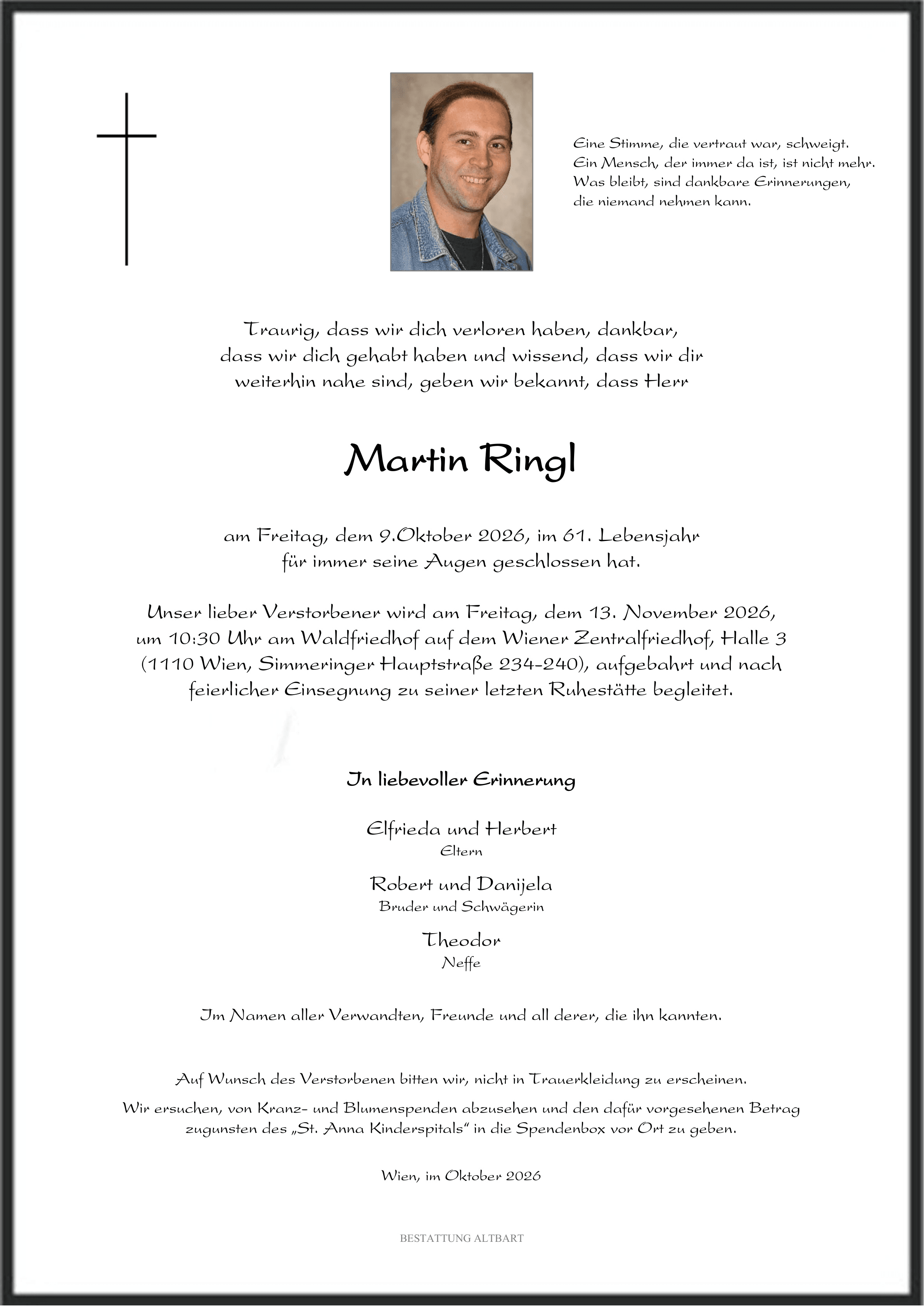 Parte der verstorbenen Person Martin Ringl