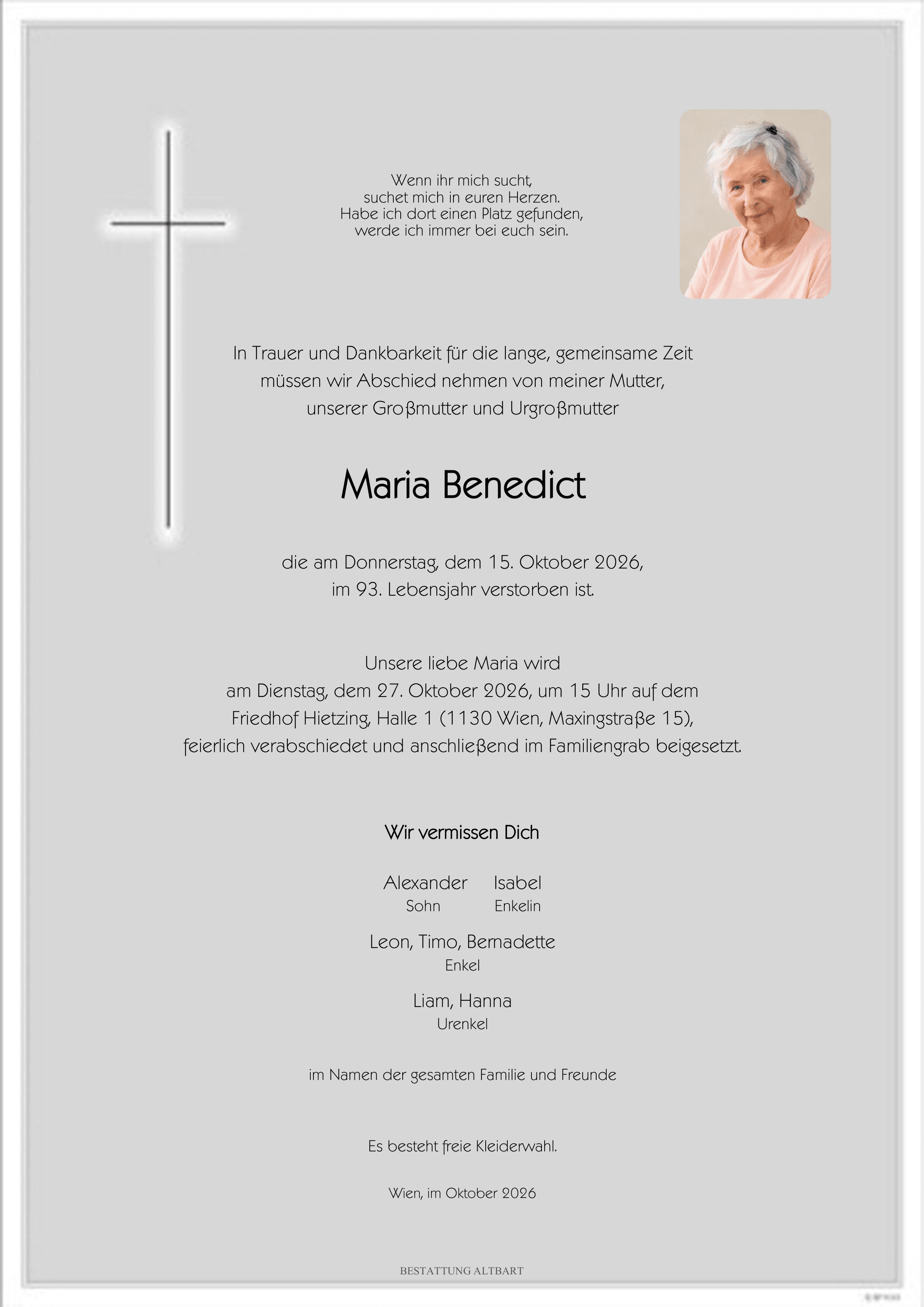 Parte der verstorbenen Person Maria Benedict 