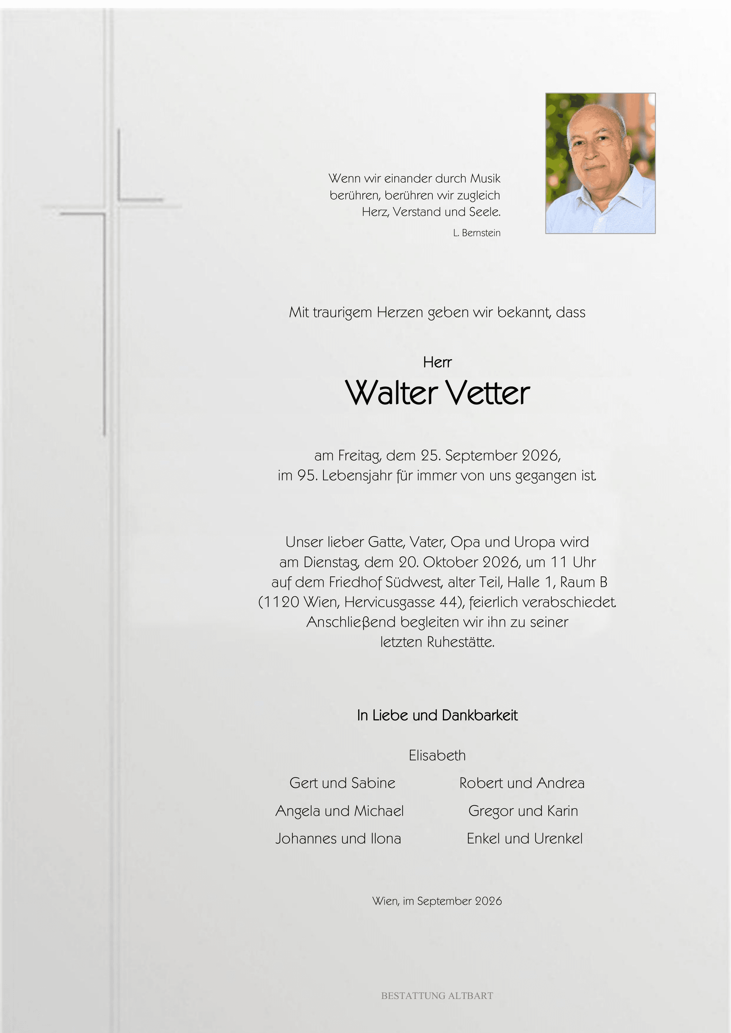 Parte der verstorbenen Person Walter Vetter 