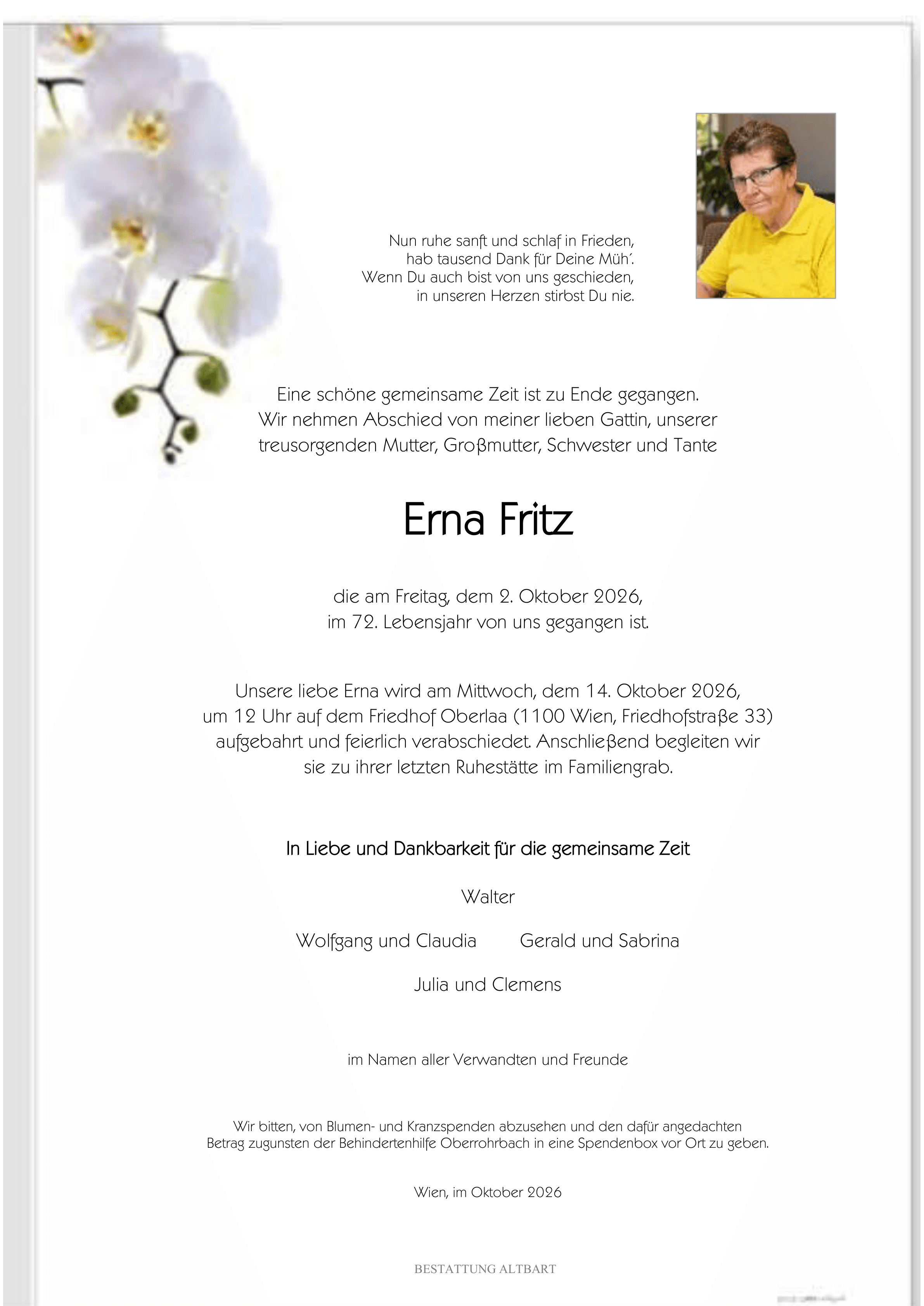 Parte der verstorbenen Person Erna Fritz