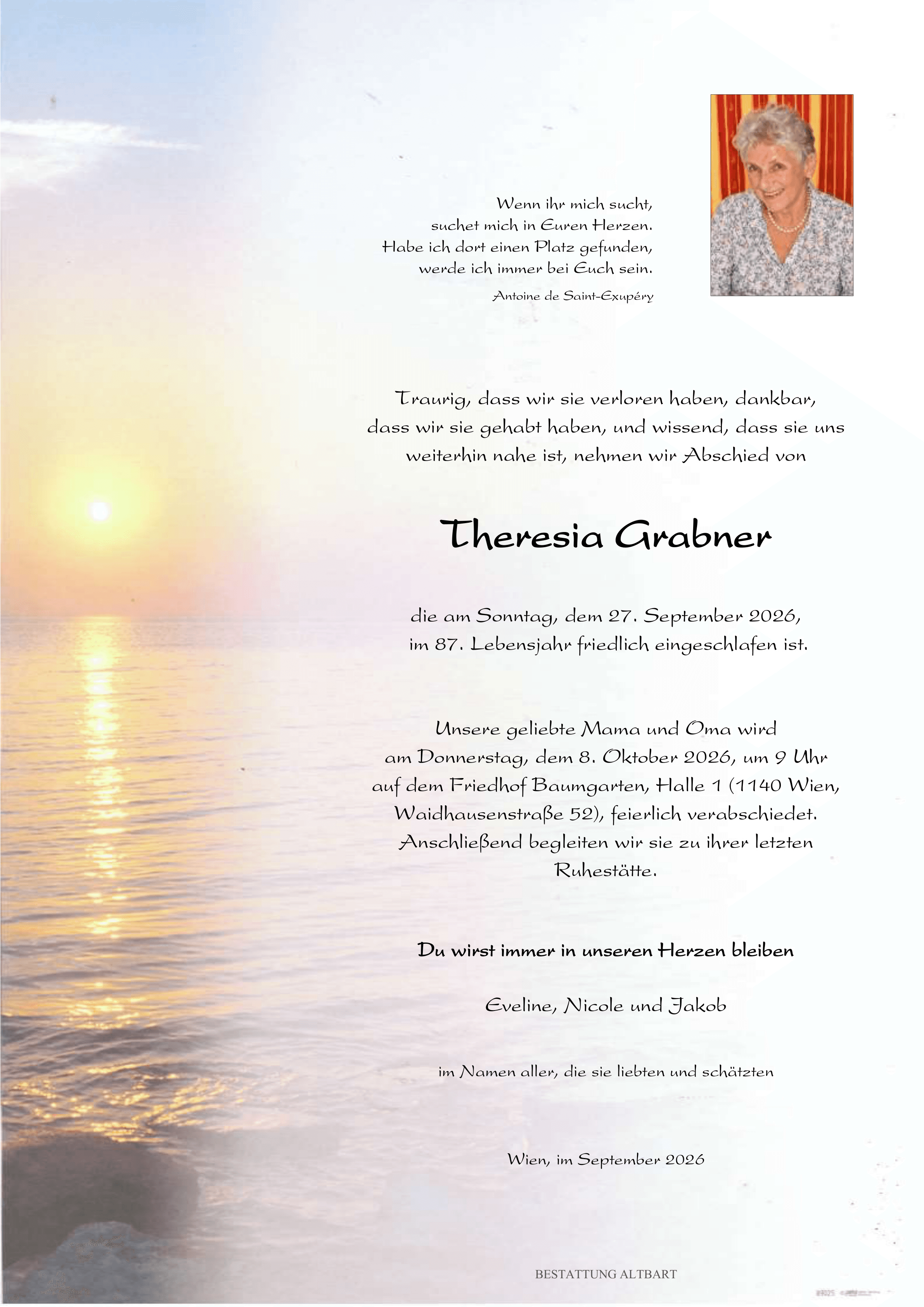 Parte der verstorbenen Person Theresia Grabner 