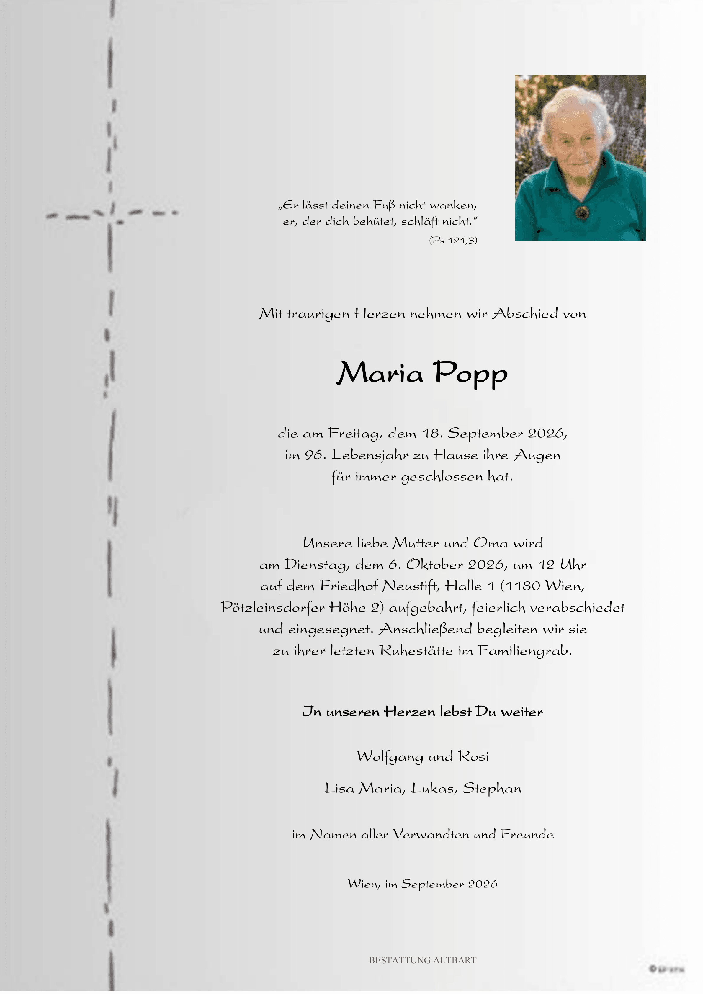 Parte der verstorbenen Person Maria Popp