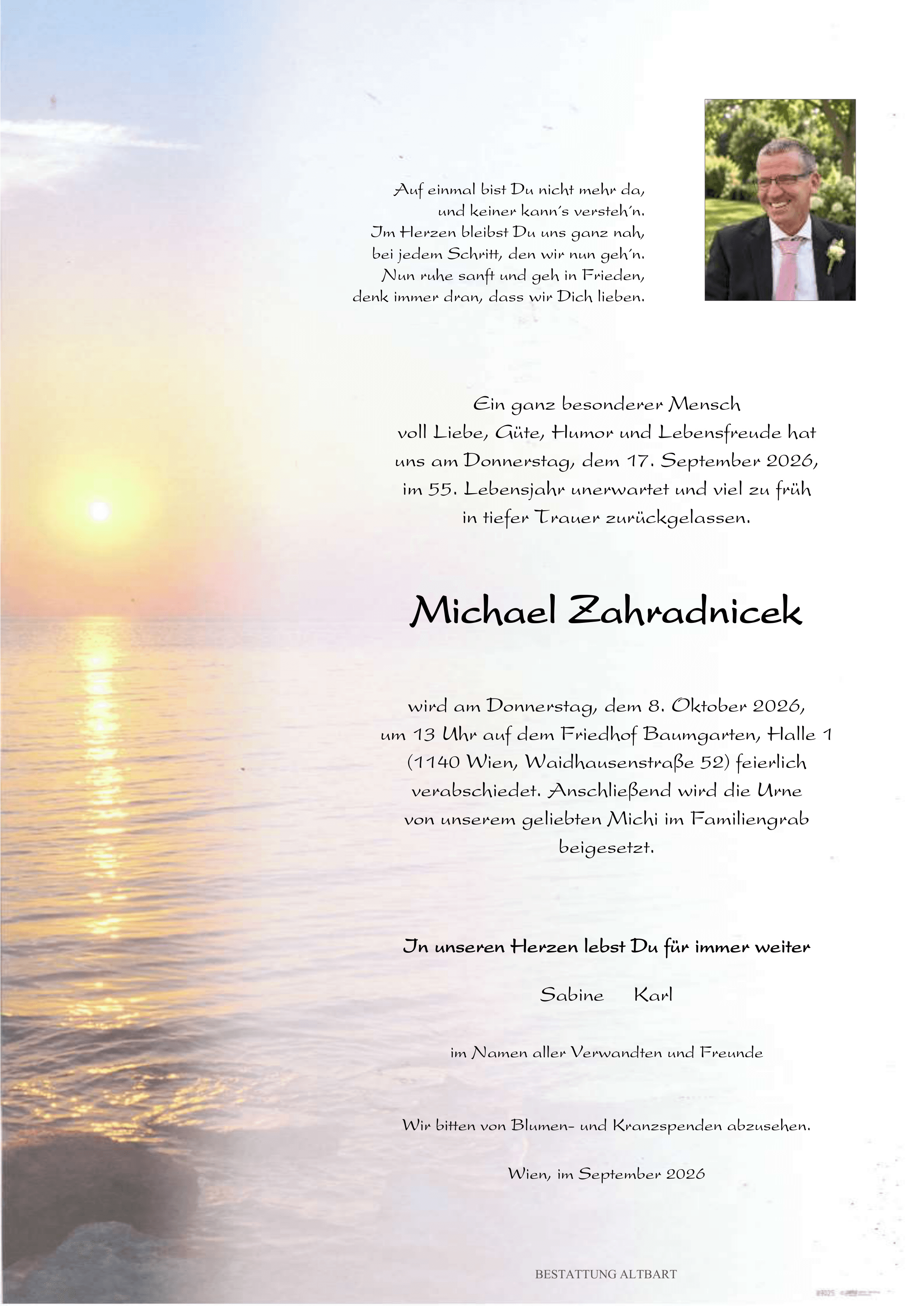 Parte der verstorbenen Person Michael Zahradnicek