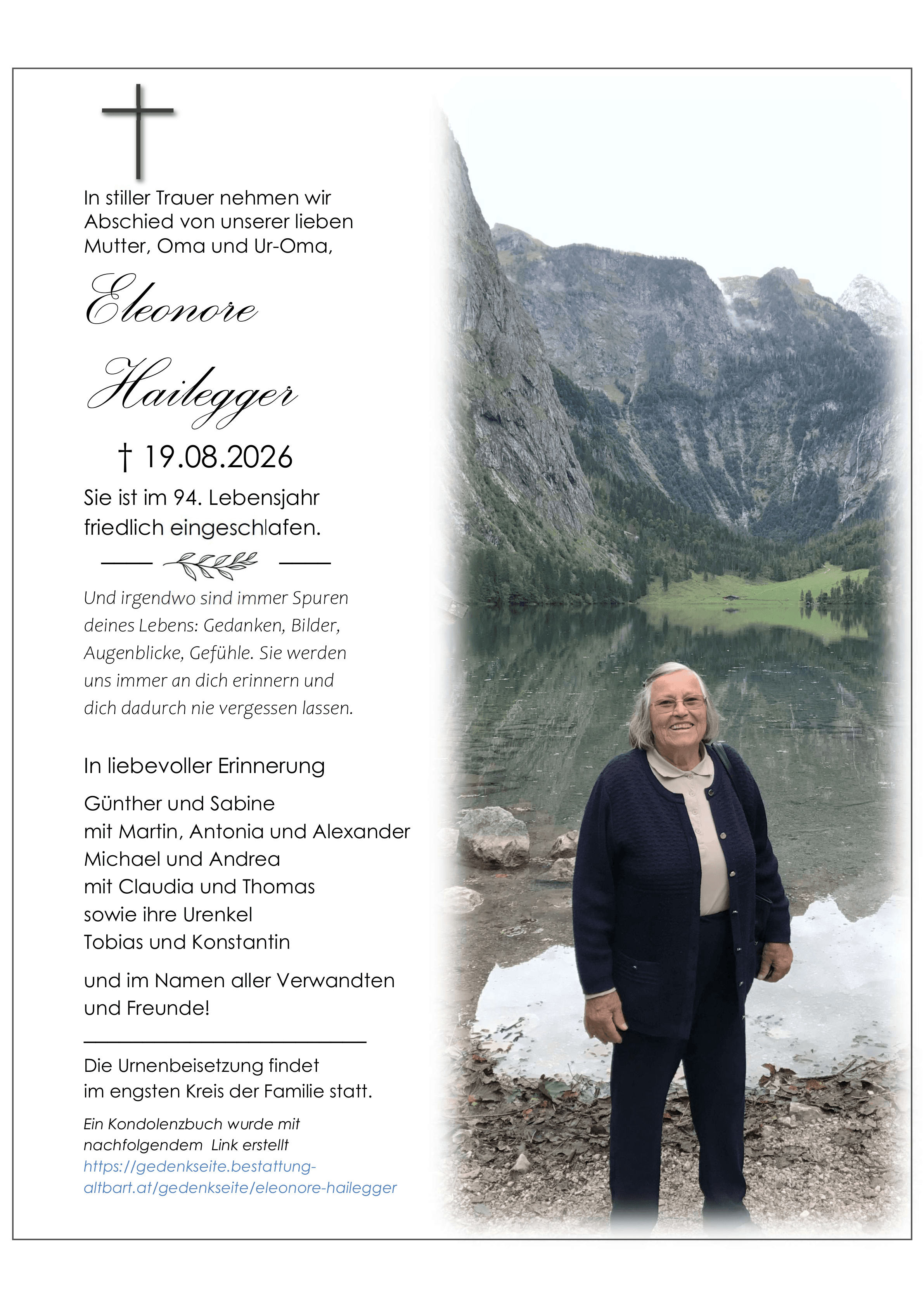 Parte der verstorbenen Person Eleonore Hailegger 