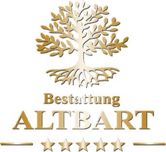 Logo Bestattung Altbart mit goldenem Baum und fünf Sternen