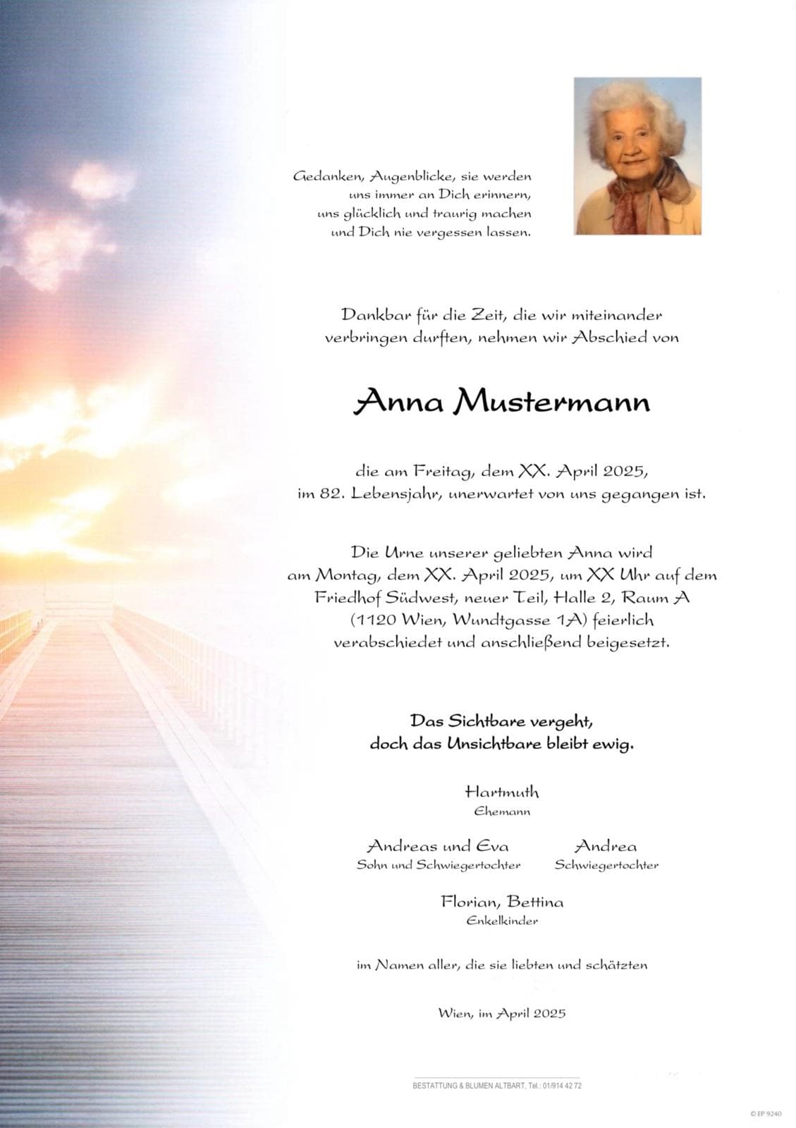 Trauerparte für Anna Mustermann mit Porträtfoto und Sonnenuntergang am Steg